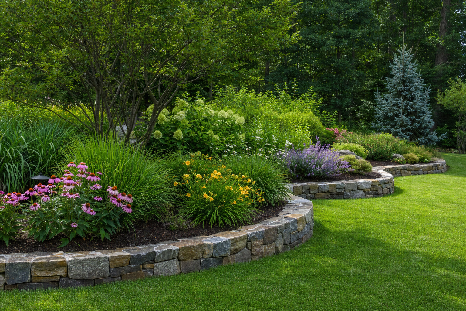 Landscaped garden bed with stone retaining wall, flowering perennials and mulch