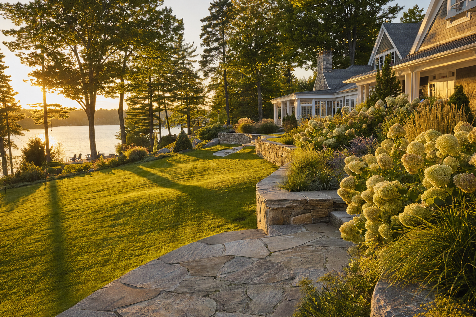 Landscaped New England lakefront property with stone retaining walls, flagstone paths and lush lawn at golden hour