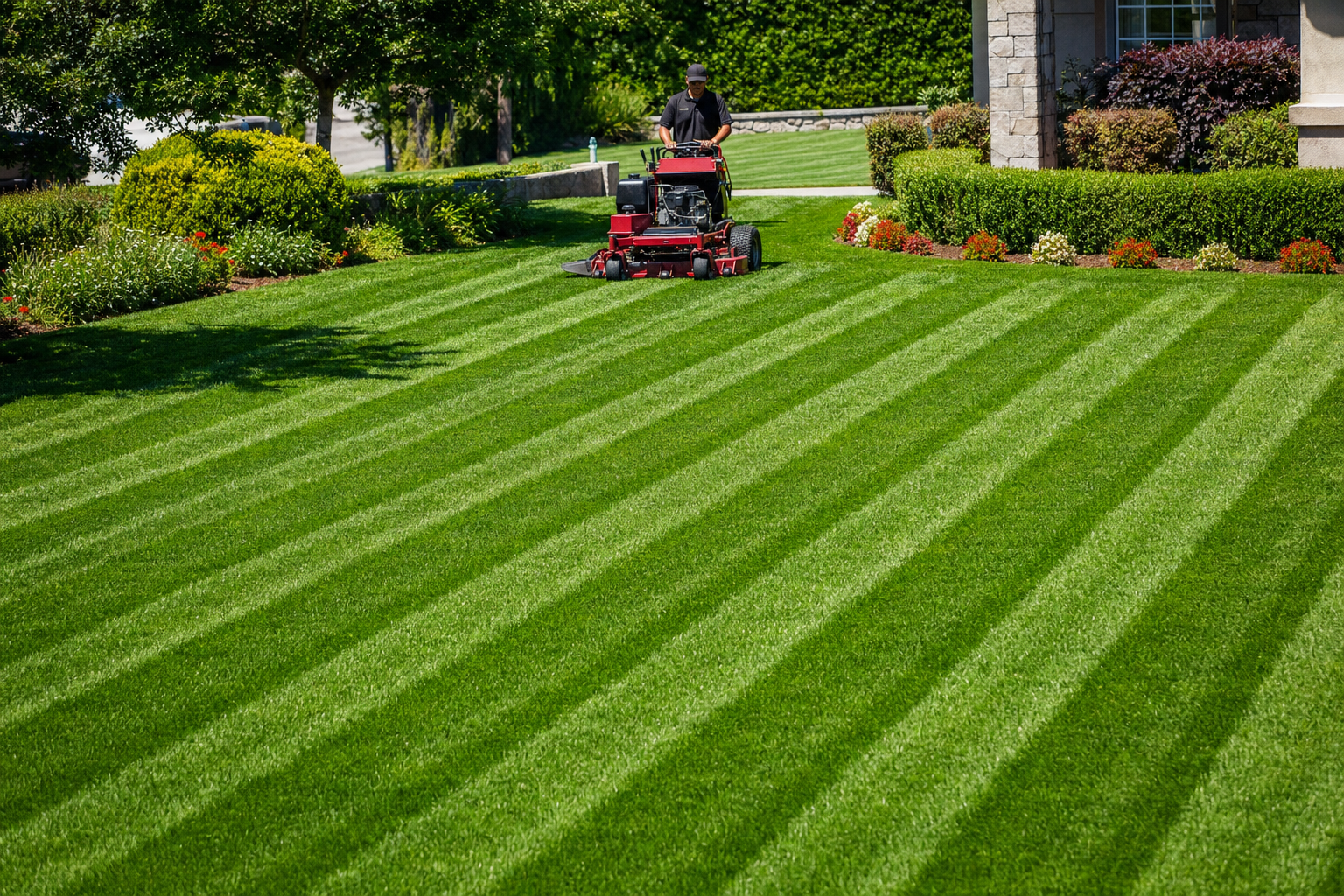 Manicured lawn with crisp mowing stripes maintained by a professional mower