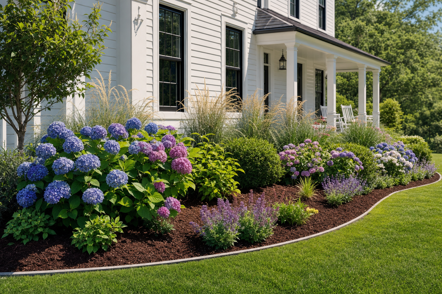 Foundation planting renovation with hydrangeas and mulch around a white home