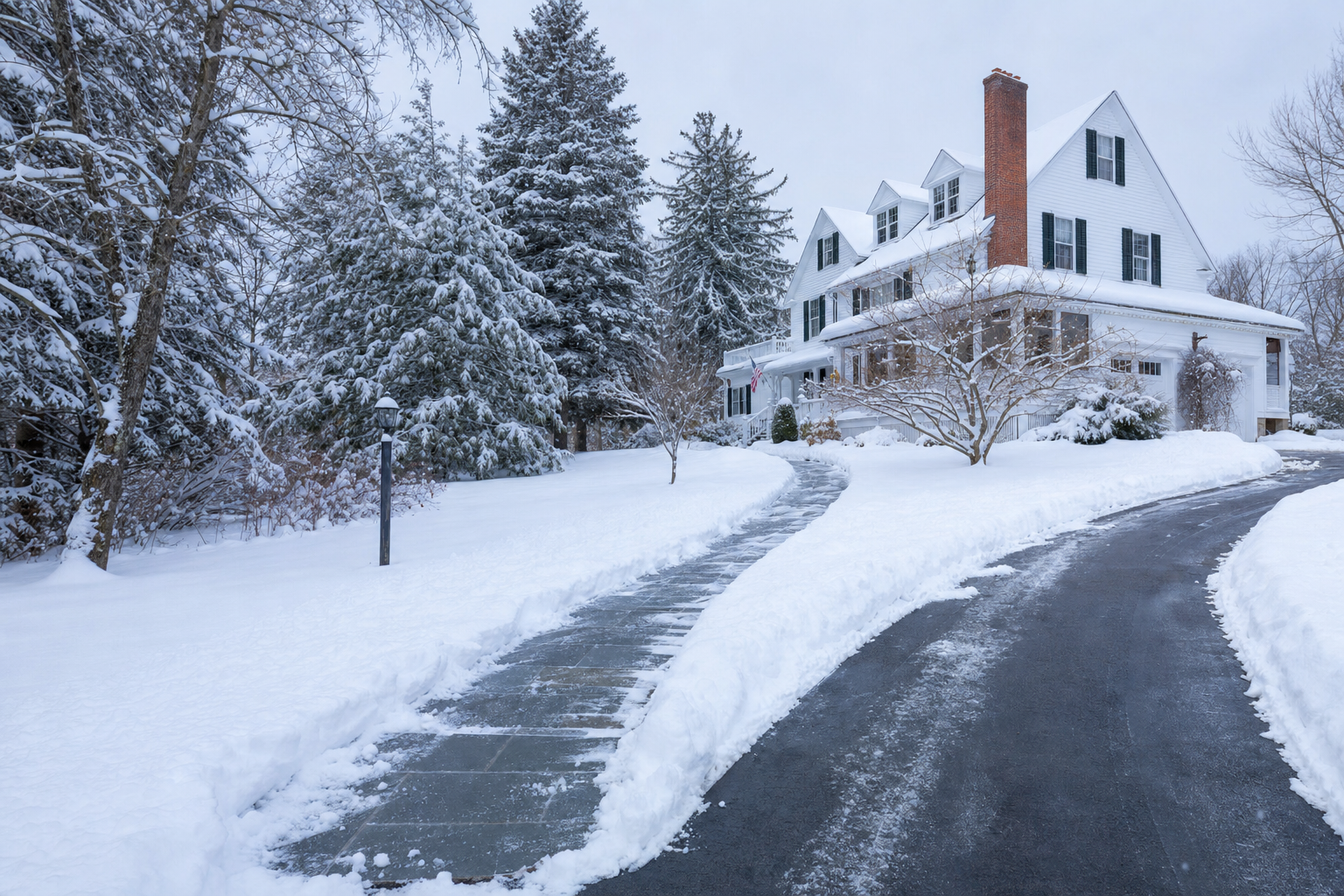 Snow-cleared driveway and walkway in front of a New England home in winter