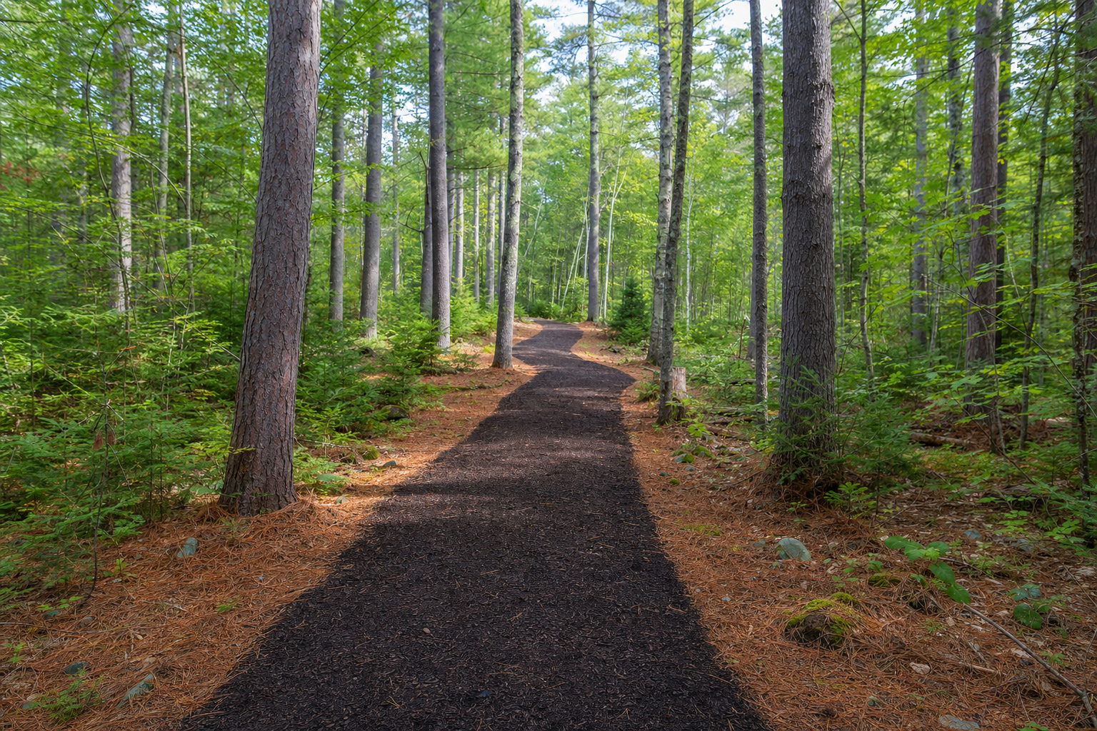 Newly built mulched walking trail curving through a pine forest