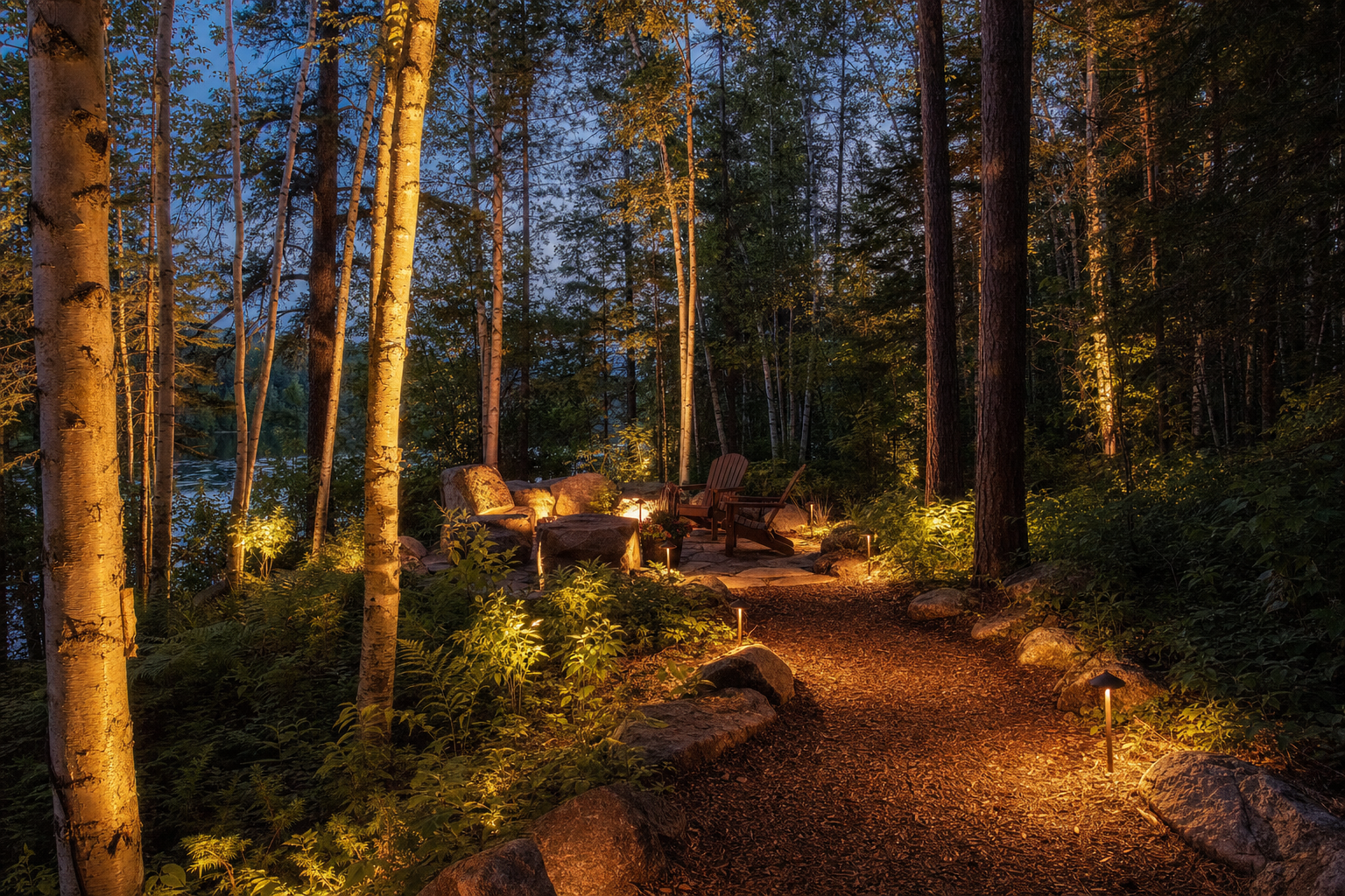 Lit trail with path lighting leading to seating area at dusk