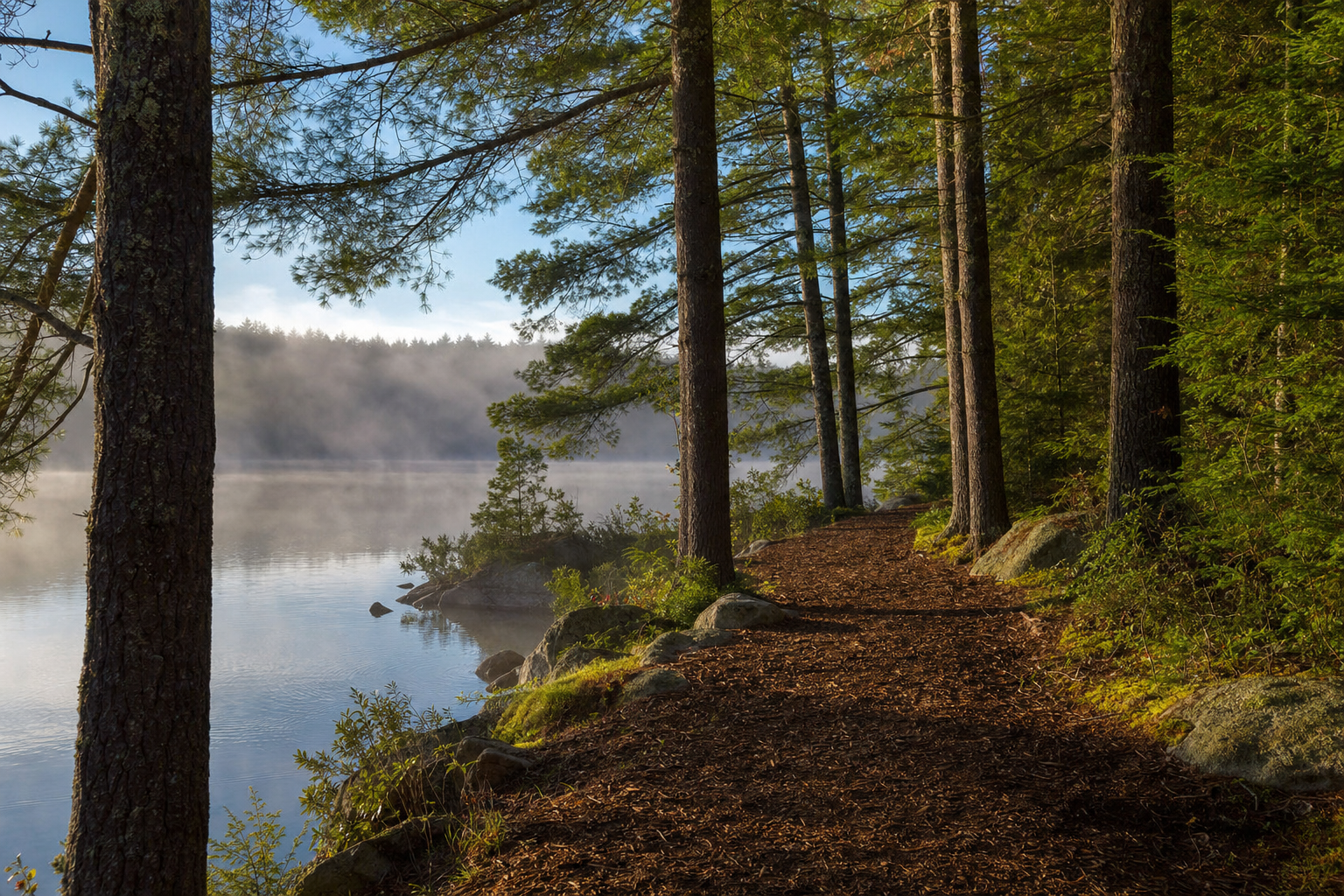 Lakeside mulched walking trail in morning mist