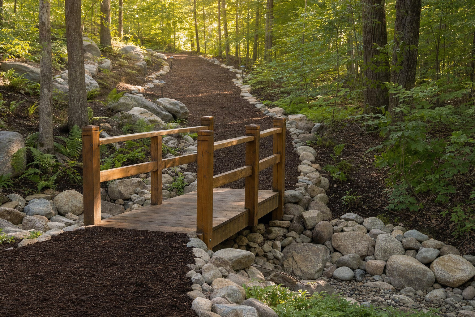 Rustic wooden footbridge on a mulched walking trail with stone edging