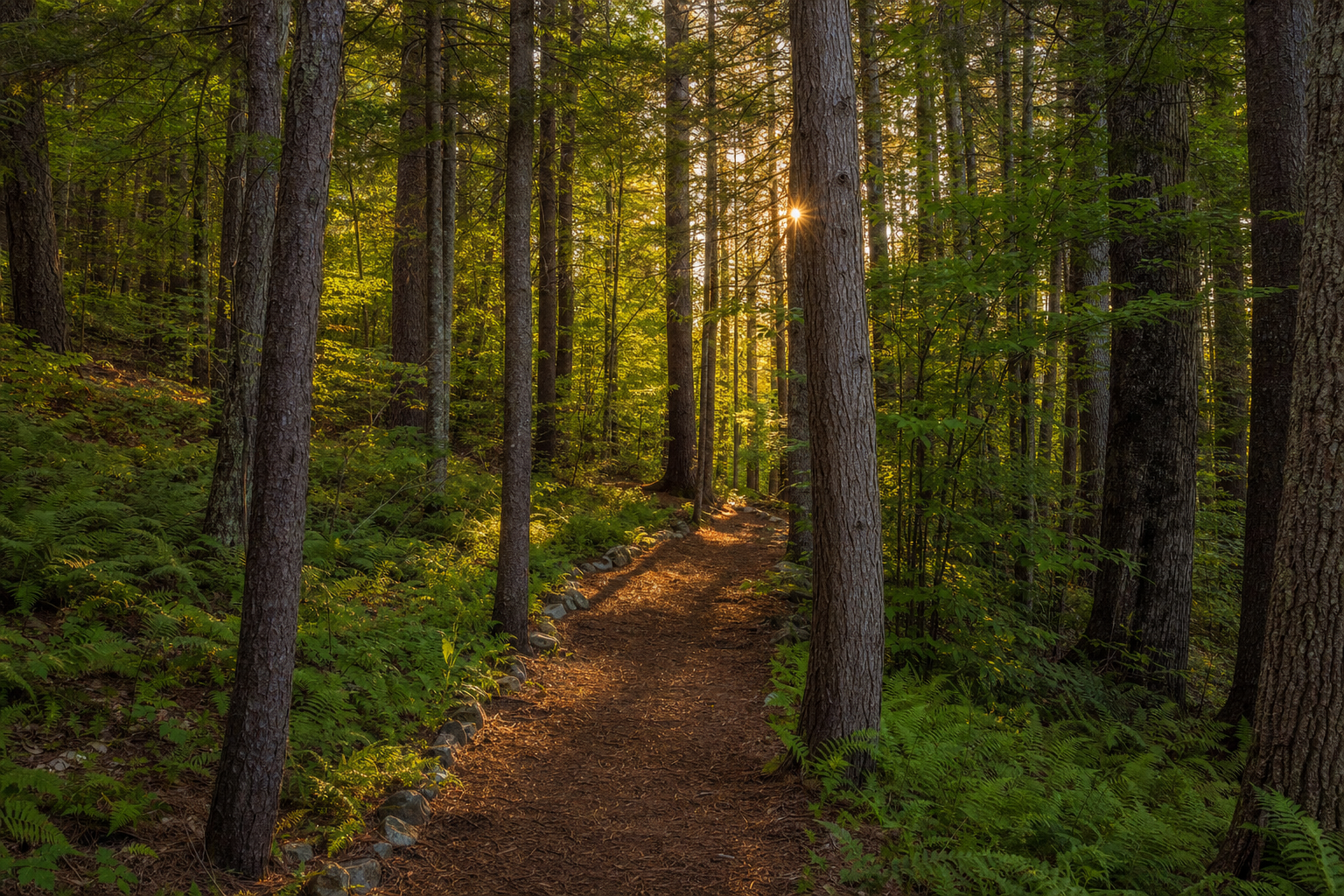 Winding nature trail cleared through a private Maine woodland at golden hour