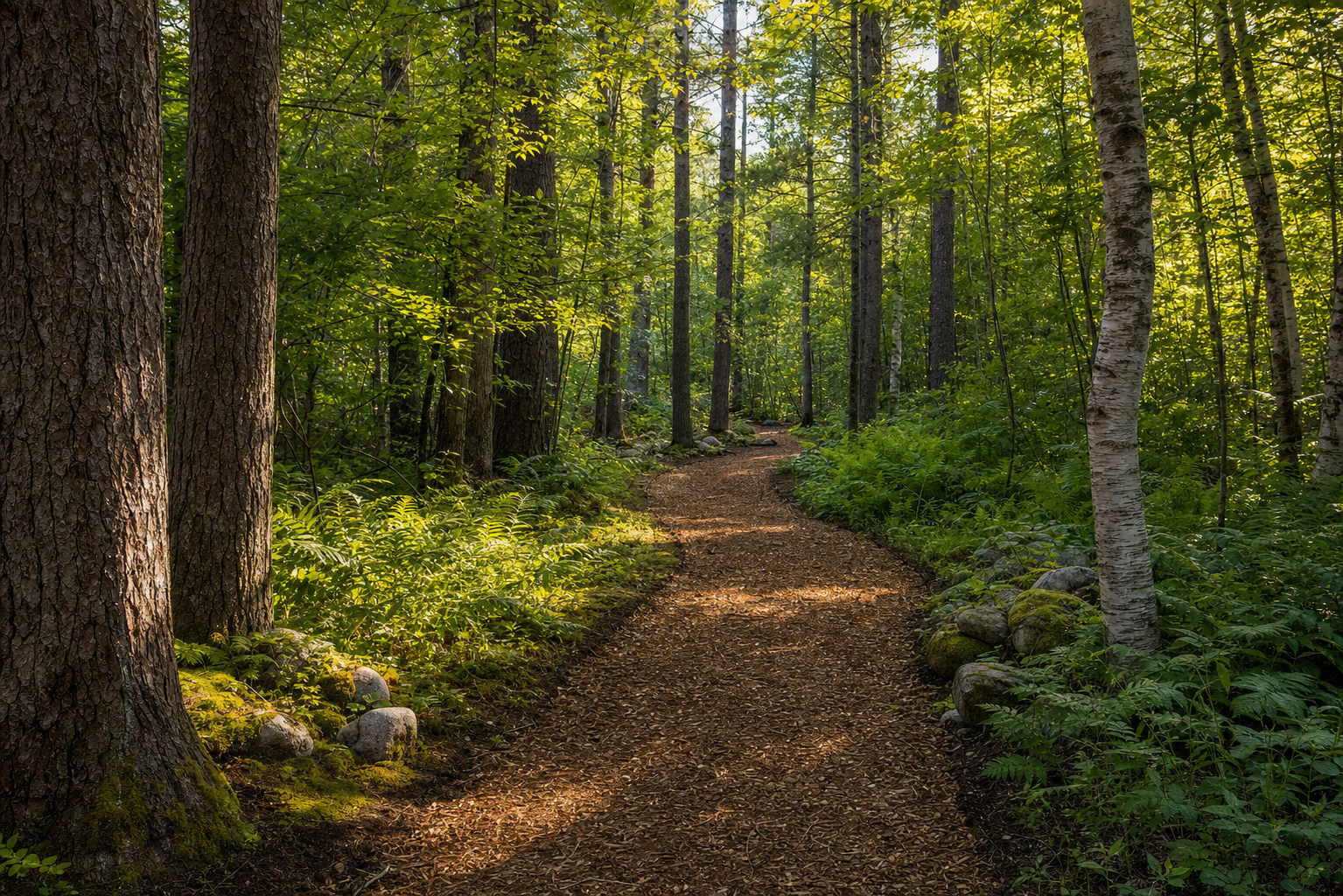 Personal walking trail winding through a private New England woodland with mulched path and ferns