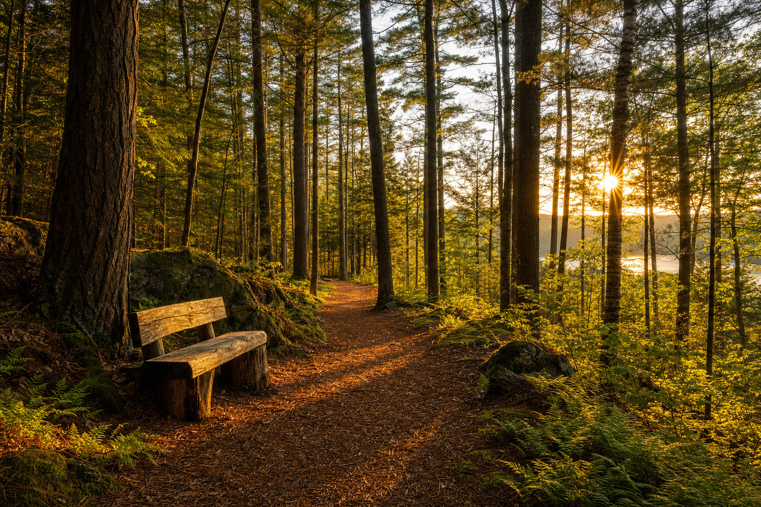 Personal walking trail through a private New England forest at golden hour with a rustic bench